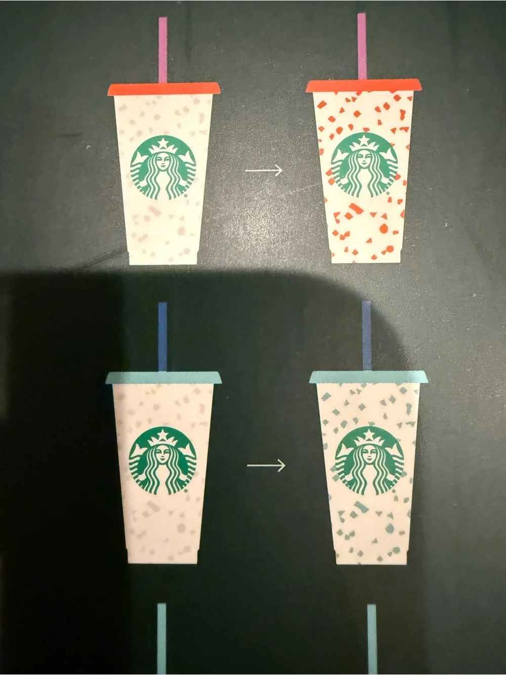 Starbucks White Cups with Green Logo and Red Straws